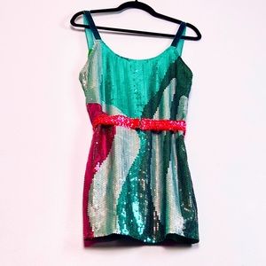 80s Barbie disco studio 54 sequin mini dress with pink sequin elastic waist belt